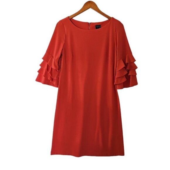 Gabby Style Orange Coral Midi‎ Shift Dress Bell Ruffle 3/4 Sleeve size 6 - Picture 3 of 16